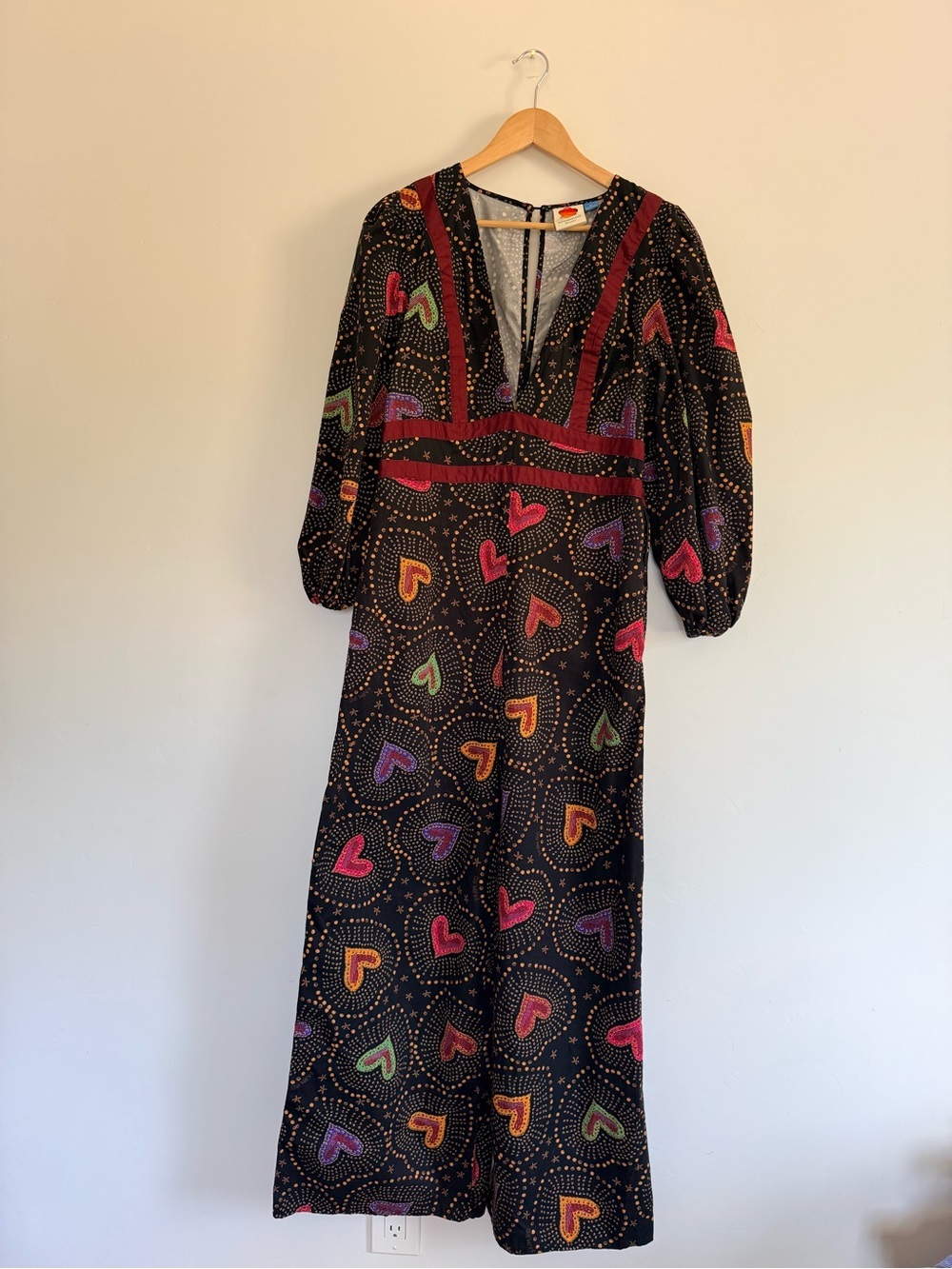 FARM Rio Deep V Heart Print Wide Leg Jumpsuit Size M Boho Statement Piece - Picture 2 of 7